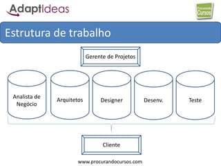 www.procurandocursos.com
Estrutura de trabalho
Analista de
Negócio
Arquitetos Designer Desenv. Teste
Gerente de Projetos
Cliente
 