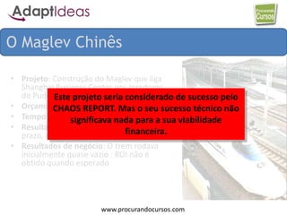 www.procurandocursos.com
• Projeto: Construção do Maglev que liga
Shanghai Business Center aos arredores
do Pudong International Airport.
• Orçameno: US$ 1.08 bi para 30 Km
• Tempo: Jun01 – Dez03 (2 anos e 7 meses)
• Resultados técnicos: projeto concluído no
prazo, no orçamento e escopo
• Resultados de negócio: O trem rodava
inicialmente quase vazio : ROI não é
obtido quando esperado
O Maglev Chinês
Este projeto seria considerado de sucesso pelo
CHAOS REPORT. Mas o seu sucesso técnico não
significava nada para a sua viabilidade
financeira.
 