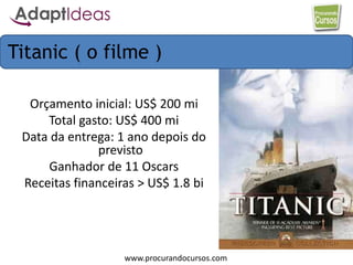 www.procurandocursos.com
Orçamento inicial: US$ 200 mi
Total gasto: US$ 400 mi
Data da entrega: 1 ano depois do
previsto
Ganhador de 11 Oscars
Receitas financeiras > US$ 1.8 bi
Titanic ( o filme )
 