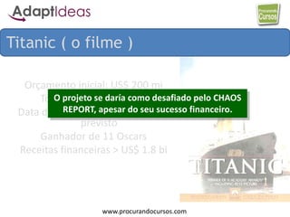 www.procurandocursos.com
Orçamento inicial: US$ 200 mi
Total gasto: US$ 400 mi
Data da entrega: 1 ano depois do
previsto
Ganhador de 11 Oscars
Receitas financeiras > US$ 1.8 bi
Titanic ( o filme )
O projeto se daría como desafiado pelo CHAOS
REPORT, apesar do seu sucesso financeiro.
 