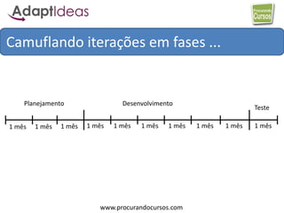 www.procurandocursos.com
Camuflando iterações em fases ...
1 mês 1 mês 1 mês 1 mês 1 mês 1 mês 1 mês 1 mês 1 mês 1 mês
Planejamento Desenvolvimento
Teste
 