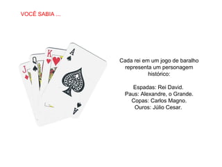 Cada rei em um jogo de baralho representa um personagem histórico: Espadas: Rei David.  Paus: Alexandre, o Grande. Copas: Carlos Magno. Ouros: Júlio Cesar.  VOCÊ SABIA ... 