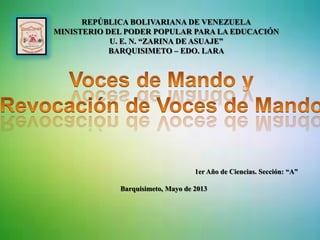 REPÚBLICA BOLIVARIANA DE VENEZUELA
MINISTERIO DEL PODER POPULAR PARA LA EDUCACIÓN
U. E. N. “ZARINA DE ASUAJE”
BARQUISIMETO – EDO. LARA

1er Año de Ciencias. Sección: “A”
Barquisimeto, Mayo de 2013

 