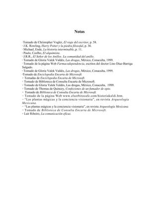 Notas
1
Tomado de Christopher Vogler, El viaje del escritor, p. 58.
2
J.K. Rowling, Harry Potter y la piedra filosofal, p. 36.
3
Michael, Ende, La historia interminable, p. 11.
4
Paulo, Coelho, El alquimista.
5
J.R.R., El Señor de los Anillos. La comunidad del anillo.
6
Tomado de Gloria Valek Valdés, Las drogas, México, Conaculta, 1999.
7
Tomado de la página Web Farmacodependencia, escritos del doctor Lino Díaz-Barriga
Salgado.
8
Tomado de Gloria Valek Valdés, Las drogas, México, Conaculta, 1999.
9
Tomado de Enciclopedia Encarta de Microsoft.
10
Tomadas de Enciclopedia Encarta de Microsoft.
11
Tomado de Biblioteca de Consulta Encarta de Microsoft.
12
Tomado de Gloria Valek Valdés, Las drogas, México, Conaculta, 1999.
13
Tomado de Thomas de Quincey, Confeciones de un fumador de opio.
14
Tomado de Biblioteca de Consulta Encarta de Microsoft.
1 5
Tomado de la página Web www.elsorbitocafe.com/historiakaldi.htm.
1 6
―Las plantas mágicas y la conciencia visionaria‖, en revista Arqueología
Mexicana.
1 7
―Las plantas mágicas y la conciencia visionaria‖, en revista Arqueología Mexicana.
1 8
Tomado de Biblioteca de Consulta Encarta de Microsoft.
19
Lair Ribeiro, La comunicación eficaz.
 