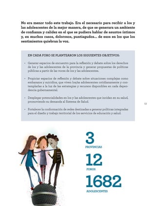13
EN CADA FORO SE PLANTEARON LOS SIGUIENTES OBJETIVOS:
• Generar espacios de encuentro para la reflexión y debate sobre los derechos
de los y las adolescentes de la provincia y generar propuestas de políticas
públicas a partir de las voces de los y las adolescentes.
• Propiciar espacios de reflexión y debate sobre situaciones complejas como
embarazos y suicidios, que viven los/as adolescentes cotidianamente y con-
templarlas a la luz de las estrategias y recursos disponibles en cada depen-
dencia gubernamental.
• Desplegar potencialidades en los y las adolescentes que incidan en su salud,
promoviendo su demanda al Sistema de Salud.
• Fortalecer la conformación de redes destinadas a generar políticas integradas
para el diseño y trabajo territorial de los servicios de educación y salud.
3
12
1682
No era menor todo este trabajo. Era el necesario para recibir a los y
las adolescentes de la mejor manera, de que se generara un ambiente
de confianza y calidez en el que se pudiera hablar de asuntos íntimos
y, en muchos casos, dolorosos, puntiagudos... de esos en los que los
sentimientos quiebran la voz.
PROVINCIAS
FOROS
ADOLESCENTES
 