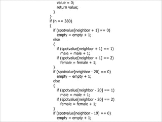 value = 0;
      return value;
  }
}
if (n == 380)
{
   if (spotvalue[neighbor + 1] == 0)
      empty = empty + 1;
   else
   {
      if (spotvalue[neighbor + 1] == 1)
         male = male + 1;
      if (spotvalue[neighbor + 1] == 2)
         female = female + 1;
   }
   if (spotvalue[neighbor - 20] == 0)
      empty = empty + 1;
   else
   {
      if (spotvalue[neighbor - 20] == 1)
         male = male + 1;
      if (spotvalue[neighbor - 20] == 2)
         female = female + 1;
   }
   if (spotvalue[neighbor - 19] == 0)
      empty = empty + 1;
 
