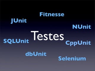 Fitnesse
 JUnit
                    NUnit

SQLUnit Testes CppUnit
     dbUnit
               Selenium
 