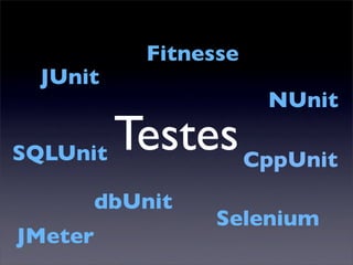 Fitnesse
 JUnit
                       NUnit

SQLUnit Testes CppUnit
         dbUnit
                  Selenium
JMeter
 