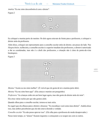 Você é um de nós – Marianne Franke-Gricksch
103
Andréa “Eu me sinto desconfortável com o diretor”.
Figura 2
Eu coloquei a menina perto do menino. Os dois agora estavam de frente para a professora, e coloquei o
diretor atrás da professora.
Além disso, coloquei um representante para o conselho escolar atrás do diretor, um pouco de lado. Nas
Hauptschulen, na Bavária, o conselho escolar é o superior imediato dos professores, o diretor é autorizado
a dar as coordenadas, mas não é o chefe dos professores, a situação não é clara do ponto-de-vista
hierárquico.
Figura 3
Menino “Assim eu me sinto melhor”. (É visível que ele gosta de ter a menina perto dele).
Menina “Eu me sinto bem aqui”. (Ela cutuca o menino um pouquinho).
Professora “As crianças estão em um bom lugar agora, mas não gosto do diretor atrás de mim”.
Ela citou várias razões por que não gostava dele.
Quando olhou para o conselho escolar, tornou-se mais séria.
Eu sugeri que ela olhasse para o diretor e dissesse: “Eu reconheço você como meu diretor”. Andréa disse
isso, mas ambos perceberam que ela não estava dizendo a verdade.
Conselho escolar “Eu não posso aprovar isso”. (Ele olha para a professora de modo desaprovador.)
Nesse meio tempo, os “alunos” ficaram inquietos e começaram a se ocupar uns com os outros.
 