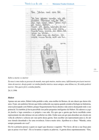 Você é um de nós – Marianne Franke-Gricksch
28
Sobre a morte e o morrer
Eu nasci como todas as pessoas do mundo, mas após muitos, muitos anos, infelizmente precisarei morrer.
Antes de morrer, desejo poder ver minha família inteira e meus amigos, uma última vez. Só então poderei
morrer. Não quero ferir a minha família.
26.11.1996
Hubert
Apenas um ano antes, Hubert tinha perdido a mãe, uma mulher de Borneo, de um câncer que durou três
anos. O pai, um autêntico bávaro que tinha conhecido sua esposa quando estudava biologia na Indonésia,
estava preocupado com Hubert, porque frequentemente ficava doente e não estava alcançando todo o seu
potencial. Eu também já havia percebido isso pelas perguntas inteligentes de Hubert. Ele adorava o jogo
da família e logo constelou a si próprio e sua mãe. Ele quis que a garota que havia escolhido como
representante da mãe deitasse em um cobertor no chão. Então usou um giz para desenhar um círculo em
volta do cobertor e colocou um vaso perto dessa garota. Sem escolher um representante para si, foi até
esse túmulo desenhado e fez uma reverência. Estava muito sério. Ajoelhou-se e disse: “Mamãe, estou
sempre pensando em você".
Ele foi a primeira pessoa a quem eu sugeri que dissesse o seguinte: “Por favor, dê-me a sua força para
que eu possa viver bem”. Ele se levantou e repetiu as palavras. A garota disse espontaneamente: “Sim,
 