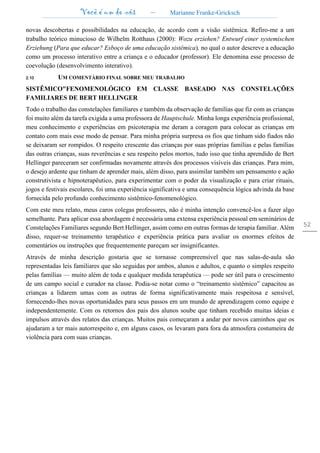 Você é um de nós – Marianne Franke-Gricksch
52
novas descobertas e possibilidades na educação, de acordo com a visão sistêmica. Refiro-me a um
trabalho teórico minucioso de Wilhelm Rotthaus (2000): Wozu erziehen? Entwurf einer systemischen
Erziehung (Para que educar? Esboço de uma educação sistêmica), no qual o autor descreve a educação
como um processo interativo entre a criança e o educador (professor). Ele denomina esse processo de
coevolução (desenvolvimento interativo).
2.10 UM COMENTÁRIO FINAL SOBRE MEU TRABALHO
SISTÊMICO"FENOMENOLÓGICO EM CLASSE BASEADO NAS CONSTELAÇÕES
FAMILIARES DE BERT HELLINGER
Todo o trabalho das constelações familiares e também da observação de famílias que fiz com as crianças
foi muito além da tarefa exigida a uma professora de Hauptschule. Minha longa experiência profissional,
meu conhecimento e experiências em psicoterapia me deram a coragem para colocar as crianças em
contato com mais esse modo de pensar. Para minha própria surpresa os fios que tinham sido fiados não
se deixaram ser rompidos. O respeito crescente das crianças por suas próprias famílias e pelas famílias
das outras crianças, suas reverências e seu respeito pelos mortos, tudo isso que tinha aprendido de Bert
Hellinger pareceram ser confirmadas novamente através dos processos visíveis das crianças. Para mim,
o desejo ardente que tinham de aprender mais, além disso, para assimilar também um pensamento e ação
construtivista e hipnoterapêutico, para experimentar com o poder da visualização e para criar rituais,
jogos e festivais escolares, foi uma experiência significativa e uma consequência lógica advinda da base
fornecida pelo profundo conhecimento sistêmico-fenomenológico.
Com este meu relato, meus caros colegas professores, não é minha intenção convencê-los a fazer algo
semelhante. Para aplicar essa abordagem é necessária uma extensa experiência pessoal em seminários de
Constelações Familiares segundo Bert Hellinger, assim como em outras formas de terapia familiar. Além
disso, requer-se treinamento terapêutico e experiência prática para avaliar os enormes efeitos de
comentários ou instruções que frequentemente pareçam ser insignificantes.
Através de minha descrição gostaria que se tornasse compreensível que nas salas-de-aula são
representadas leis familiares que são seguidas por ambos, alunos e adultos, e quanto o simples respeito
pelas famílias — muito além de toda e qualquer medida terapêutica — pode ser útil para o crescimento
de um campo social e curador na classe. Podia-se notar como o “treinamento sistêmico” capacitou as
crianças a lidarem umas com as outras de forma significativamente mais respeitosa e sensível,
fornecendo-lhes novas oportunidades para seus passos em um mundo de aprendizagem como equipe e
independentemente. Com os retornos dos pais dos alunos soube que tinham recebido muitas ideias e
impulsos através dos relatos das crianças. Muitos pais começaram a andar por novos caminhos que os
ajudaram a ter mais autorrespeito e, em alguns casos, os levaram para fora da atmosfera costumeira de
violência para com suas crianças.
 