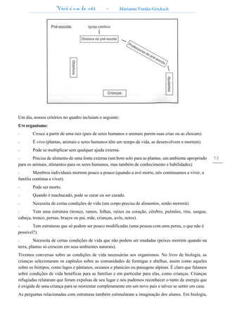 Você é um de nós – Marianne Franke-Gricksch
73
Um dia, nossos critérios no quadro incluíam o seguinte:
UM organismo:
- Cresce a partir de uma raiz (pais de seres humanos e animais parem suas crias ou as chocam).
- É vivo (plantas, animais e seres humanos têm um tempo de vida, se desenvolvem e morrem).
- Pode se multiplicar sem qualquer ajuda externa.
- Precisa de alimento de uma fonte externa (um bom solo para as plantas, um ambiente apropriado
para os animais, alimentos para os seres humanos, mas também de conhecimento e habilidades).
- Membros individuais morrem pouco a pouco (quando a avó morre, nós continuamos a viver, a
família continua a viver).
- Pode ser morto.
- Quando é machucado, pode se curar ou ser curado.
- Necessita de certas condições de vida (um corpo precisa de alimentos, senão morrerá).
- Tem uma estrutura (tronco, ramos, folhas, raízes ou coração, cérebro, pulmões, rins, sangue,
cabeça, tronco, pernas, braços ou pai, mãe, crianças, avôs, netos).
- Tem estruturas que só podem ser pouco modificadas (uma pessoa com uma perna, o que não é
possível?).
- Necessita de certas condições de vida que não podem ser mudadas (peixes morrem quando na
terra, plantas só crescem em seus ambientes naturais).
Tivemos conversas sobre as condições de vida necessárias aos organismos. No livro de biologia, as
crianças selecionaram os capítulos sobre as comunidades de formigas e abelhas, assim como aqueles
sobre os biótipos, como lagos e pântanos, oceanos e planícies ou paisagens alpinas. É claro que falamos
sobre condições de vida benéficas para as famílias e em particular para elas, como crianças. Crianças
refugiadas relataram que foram expulsas de seu lugar e nós pudemos reconhecer o tanto de energia que
é exigida de uma criança para se reorientar completamente em um novo país e talvez se sentir em casa.
As perguntas relacionadas com estruturas também estimularam a imaginação dos alunos. Em biologia,
 