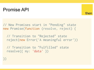 Globalcode – Open4education
Promise API
var promise = new Promise(...)
promise.then(function (result) {
console.log(result)
})
=> { my: "data" }
 