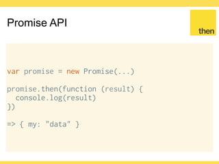 Globalcode – Open4education
Promise API
var promise = new Promise(...)
promise.catch(function (error) {
console.log(error.message)
})
=> A meaningful error
 