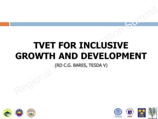 TVET FOR INCLUSIVE
GROWTH AND DEVELOPMENT
(RD C.G. BARES, TESDA V)

 