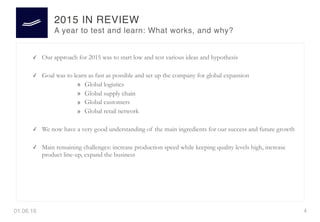 01.06.16 4
2015 IN REVIEW
A year to test and learn: What works, and why?
✓ Our approach for 2015 was to start low and test various ideas and hypothesis
✓ Goal was to learn as fast as possible and set up the company for global expansion
» Global logistics
» Global supply chain
» Global customers
» Global retail network
✓ We now have a very good understanding of the main ingredients for our success and future growth
✓ Main remaining challenges: increase production speed while keeping quality levels high, increase
product line-up, expand the business
 