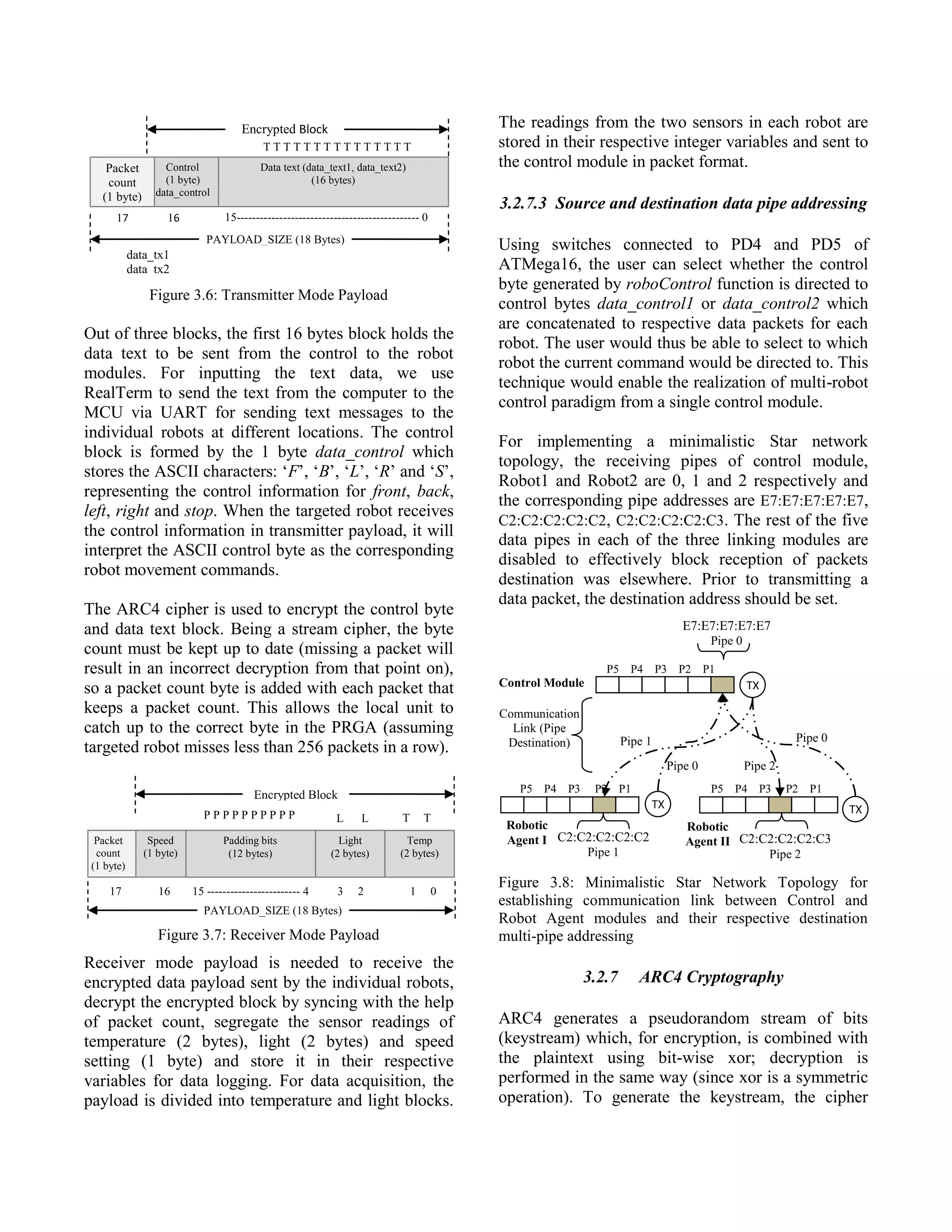 Figure 3.6: Transmitter Mode Payload
Out of three blocks, the first 16 bytes block holds the
data text to be sent from the control to the robot
modules. For inputting the text data, we use
RealTerm to send the text from the computer to the
MCU via UART for sending text messages to the
individual robots at different locations. The control
block is formed by the 1 byte data_control which
stores the ASCII characters: ‘F’, ‘B’, ‘L’, ‘R’ and ‘S’,
representing the control information for front, back,
left, right and stop. When the targeted robot receives
the control information in transmitter payload, it will
interpret the ASCII control byte as the corresponding
robot movement commands.
The ARC4 cipher is used to encrypt the control byte
and data text block. Being a stream cipher, the byte
count must be kept up to date (missing a packet will
result in an incorrect decryption from that point on),
so a packet count byte is added with each packet that
keeps a packet count. This allows the local unit to
catch up to the correct byte in the PRGA (assuming
targeted robot misses less than 256 packets in a row).
Figure 3.7: Receiver Mode Payload
Receiver mode payload is needed to receive the
encrypted data payload sent by the individual robots,
decrypt the encrypted block by syncing with the help
of packet count, segregate the sensor readings of
temperature (2 bytes), light (2 bytes) and speed
setting (1 byte) and store it in their respective
variables for data logging. For data acquisition, the
payload is divided into temperature and light blocks.
The readings from the two sensors in each robot are
stored in their respective integer variables and sent to
the control module in packet format.
3.2.7.3 Source and destination data pipe addressing
Using switches connected to PD4 and PD5 of
ATMega16, the user can select whether the control
byte generated by roboControl function is directed to
control bytes data_control1 or data_control2 which
are concatenated to respective data packets for each
robot. The user would thus be able to select to which
robot the current command would be directed to. This
technique would enable the realization of multi-robot
control paradigm from a single control module.
For implementing a minimalistic Star network
topology, the receiving pipes of control module,
Robot1 and Robot2 are 0, 1 and 2 respectively and
the corresponding pipe addresses are E7:E7:E7:E7:E7,
C2:C2:C2:C2:C2, C2:C2:C2:C2:C3. The rest of the five
data pipes in each of the three linking modules are
disabled to effectively block reception of packets
destination was elsewhere. Prior to transmitting a
data packet, the destination address should be set.
Figure 3.8: Minimalistic Star Network Topology for
establishing communication link between Control and
Robot Agent modules and their respective destination
multi-pipe addressing
3.2.7 ARC4 Cryptography
ARC4 generates a pseudorandom stream of bits
(keystream) which, for encryption, is combined with
the plaintext using bit-wise xor; decryption is
performed in the same way (since xor is a symmetric
operation). To generate the keystream, the cipher
Data text (data_text1, data_text2)
(16 bytes)
17 16 15----------------------------------------------- 0
Packet
count
(1 byte)
Control
(1 byte)
data_control
Encrypted Block
T T T T T T T T T T T T T T T
T
PAYLOAD_SIZE (18 Bytes)
data_tx1
data_tx2
Padding bits
(12 bytes)
Light
(2 bytes)
P P P P P P P P P P
P P
L L T T
17 16 15 ------------------------ 4 3 2 1 0
Speed
(1 byte)
Packet
count
(1 byte)
Temp
(2 bytes)
PAYLOAD_SIZE (18 Bytes)
Encrypted Block
E7:E7:E7:E7:E7
Pipe 0
Robotic
Agent I
Pipe 2Pipe 0
C2:C2:C2:C2:C2
Pipe 1
C2:C2:C2:C2:C3
Pipe 2
Pipe 1 Pipe 0
P5 P4 P3 P2 P1
P0
P5 P4 P3 P2 P1
P0
P5 P4 P3 P2 P1
P0 TX
TX
Robotic
Agent II
TX
Control Module
Communication
Link (Pipe
Destination)
 
