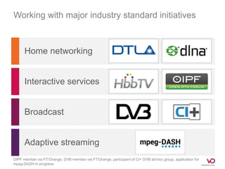 Working with major industry standard initiatives



      Home networking


      Interactive services


      Broadcast


      Adaptive streaming
OIPF member via FT/Orange, DVB member via FT/Orange, participant of CI+ DVB ad-hoc group, application for
mpeg-DASH in progress
 