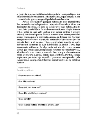 Feedback

argumentar que você está fazendo tempestade em copo d’água, um
caso de coisas absolutamente sem importância, fique zangada e, em
conseqüência, ignore seu gentil pedido de colaboração.
       Para se desenvolver qualquer habilidade, dois ingredientes
fundamentais são indispensáveis: a oportunidade de práticar e o
desenrolar da crítica. No caso de desenvolver suas habilidades de
crítica, há a possibilidade de se obter uma crítica em relação à nossa
crítica (além do que vale lembrar que buscar críticas é sempre
válido!), mas é certo que em diversas ocasiões você tenha que confiar
apenas em sua própria percepção. A maneira de fazer isso é pensar
a respeito do que tenha acontecido e estabelecer um sistema que lhe
permita fazer a si mesmo críticas construtivas quanto ao apri-
moramento constante de suas habilidades de crítica. Talvez seja
interessante utilizar-se de algo mais estruturado, como nossas
tabelas que vêm a seguir, comparando resultado(s) com objetivo(s),
identificando com clareza o que saiu bem e o que não aconteceu
como se desejava e, ainda, porque isso aconteceu. Por fim, e mais
importante que tudo, seja específico quanto ao que aprendeu pela
experiência e o que pretende fazer de maneira diferente na próxima
ocasião.

Questionário 1:
Fazendo críticas

 O que esperava ao criticar?


 Qual foi o resultado?


 O que saiu bem e por quê?


 O que n saiu tão bem e por quê?
        ão


 O que aprendi?


 O que farei de maneira diferen da próxima vez?
                               te



58
 