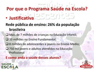 Por que o Programa Saúde na Escola?
• Justificativa
Rede pública de ensino: 26% da população
  brasileira
 Mais de 7 milhões de crianças na Educação Infantil;
 33 milhões no Ensino Fundamental;
 8 milhões de adolescentes e jovens no Ensino Médio;
 750 mil jovens e adultos atendidos na Educação
  Profissional
E como anda a saúde desses alunos?
 