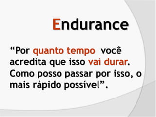 Endurance
“Por quanto tempo você
acredita que isso vai durar.
Como posso passar por isso, o
mais rápido possível”.
 