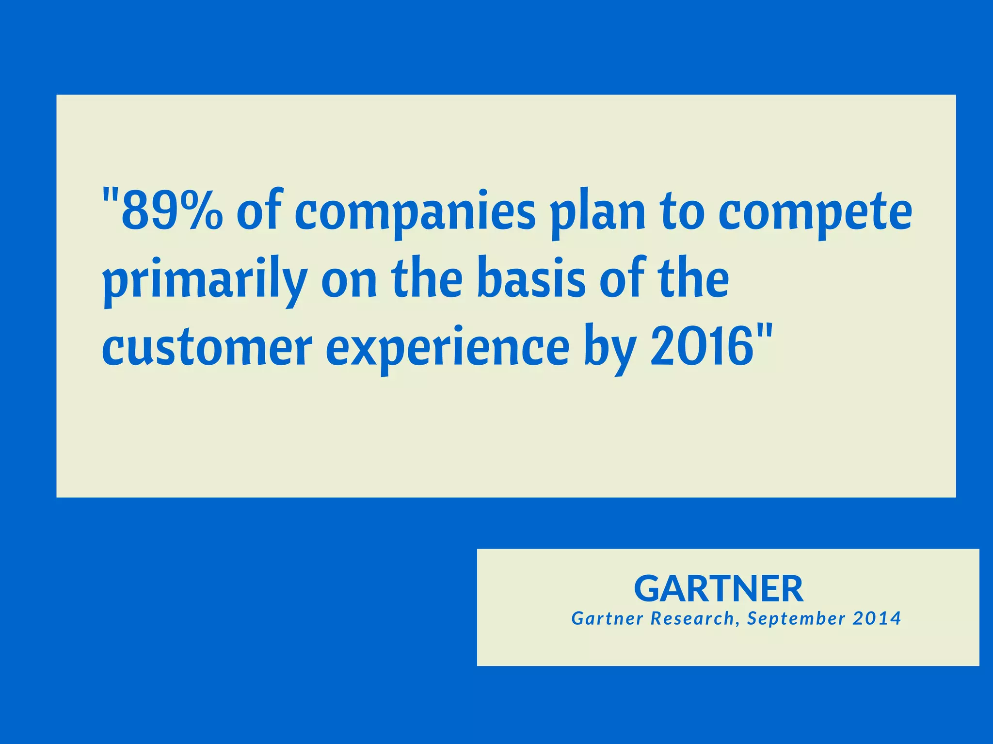 Gartner Research, September 2014
"89% of companies plan to
compete primarily on the basis
of the customer experience by
2016"
GARTNER
 