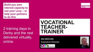 VOCATIONAL
TEACHER-
TRAINER
IAN GRAYLING
Executive Director
Build you own
internal capacity to
use your Levy – or
help your partners
to do this
2 training days in
Derby and the rest
delivered virtually,
online.
 