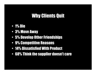 Why Clients Quit

•   1% Die
•   3% Move Away
•   5% Develop Other Friendships
•   9% Competitive Reasons
•   14% Dissatisfied With Product
•   68% Think the supplier doesn’t care
 