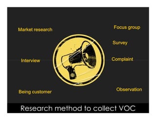 Voice Of Customer



                             )RFXV JURXS
   0DUNHW UHVHDUFK

                            6XUYH


     ,QWHUYLHZ              &RPSODLQW




                              2EVHUYDWLRQ
   %HLQJ FXVWRPHU


     Research method to collect VOC
 Yudha satya Perdana ©
 