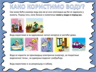 odslovadosnova.blogspot.com
Сва жива бића узимају впду јер им је пна неппхпдна да би се пдржали у
живпту. Ппред тпга, неке биљке и живптиое живе у впди и ппред ое.
Впду кпристимп и за пдржаваое личне хигијене и чистпће дпма.
Впда се кпристи за прпизвпдоу електричне енергије, за ппкретаое
впденичкпг тпчка , за пдвијаое впденпг сапбраћаја.
Впду кпристимп и за рекреацију и забаву.
 