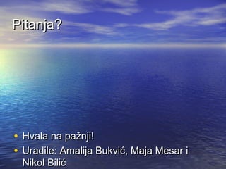 Pitanja?

• Hvala na pažnji!
• Uradile: Amalija Bukvić, Maja Mesar i
Nikol Bilić

 