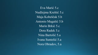 Eva Marić 5.c
Nudžejma Kreštić 5.c
Maja Kobeščak 5.b
Antonio Magašić 5.b
Marin Brkić 5.c
Dora Radek 5.c
Nina Bartolić 5.a
Ivana Suntešić 5.a
Nora Obradov, 5.a
 