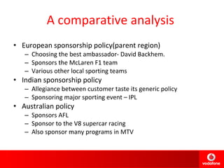A comparative analysis  European sponsorship policy(parent region) Choosing the best ambassador- David Backhem. Sponsors the McLaren F1 team Various other local sporting teams Indian sponsorship policy Allegiance between customer taste its generic policy Sponsoring major sporting event – IPL Australian policy Sponsors AFL Sponsor to the V8 supercar racing Also sponsor many programs in MTV 