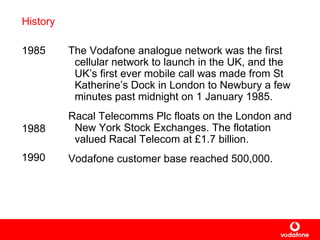 History 1985 1988 The Vodafone analogue network  was  the first cellular network to launch in the UK, and the  UK’s  first  ever mobile  call  was  made from St Katherine’s Dock in London to Newbury  a few minutes past midnight  on 1 January 1985. Racal Telecomms Plc floats on the London and New York Stock Exchanges.   The flotation valued Racal Telecom at £1.7 billion . Vodafone customer base reached 500,000. 1990 