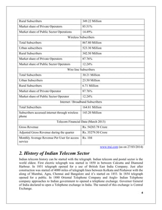 4
Rural Subscribers 349.22 Million
Market share of Private Operators 85.51%
Market share of Public Sector Operations 14.49%
Wireless Subscribers
Total Subscribers 867.80 Million
Urban subscribers 523.30 Million
Rural Subscribers 342.50 Million
Market share of Private Operators 87.76%
Market share of Public Sector Operators 12.24%
Wire line Subscribers
Total Subscribers 30.21 Million
Urban Subscribers 23.50 Million
Rural Subscribers 6.71 Million
Market share of Private Operator 87.76%
Market share of Public Sector Operator 12.24%
Internet / Broadband Subscribers
Total Subscribers 164.81 Million
Subscribers accessed internet through wireless
phone
143.20 Million
Telecom Financial Data (March 2013)
Gross Revenue Rs. 54283.78 Crore
Adjusted Gross Revenue during the quarter Rs. 35279.50 Crore
Monthly Average Revenue Per User for access
service
Rs. 104
www.trai.com (as on 27/03/2014)
2. History of Indian Telecom Sector
Indian telecom history can be started with the telegraph. Indian telecom and postal sector is the
world oldest. First electric telegraph was started in 1850 in between Calcutta and Diamond
Harbour. In 1851 telegraph opened for a use of British East India Company. Just after
construction was started of 4000 miles of telegraph lines between Kolkata and Peshawar with the
along of Mumbai, Agra, Chennai and Bangalore and it’s started on 1853. In 1854 telegraph
opened for a public. In 1880 Oriental Telephone Company and Anglo- Indian Telephone
company approaches to Indian government to opened a telephone exchange. Governor General
of India declared to open a Telephone exchange in India. The named of this exchange is Central
Exchange.
 