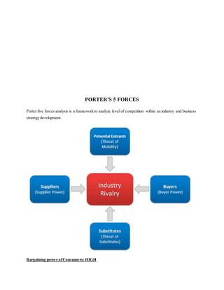 PORTER’S 5 FORCES
Porter five forces analysis is a framework to analyze level of competition within an industry and business
strategy development.
Bargaining power ofConsumers: HIGH
 