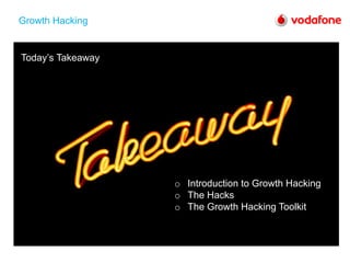 • The  opportunities  in  Search
• What  search  engines  look  for
• Key  principles  and  success  factors  of  SEO
• Role  of  content  &  social  in  SEO
Today’s  Takeaway
o Introduction  to  Growth  Hacking
o The  Hacks
o The  Growth  Hacking  Toolkit
Growth  Hacking
 