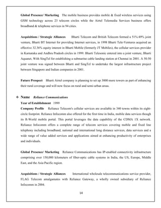 14
Global Presence/ Marketing The mobile business provides mobile & fixed wireless services using
GSM technology across 23 telecom circles while the Airtel Telemedia Services business offers
broadband & telephone services in 94 cities.
Acquisitions / Strategic Alliances Bharti Telecom and British Telecom formed a 51%:49% joint
venture, Bharti BT Internet for providing Internet services, in 1998 Bharti Tele-Ventures acquired an
effective 32.36% equity interest in Bharti Mobile (formerly JT Mobiles), the cellular services provider
in Karnataka and Andhra Pradesh circles in 1999. Bharti Telesonic entered into a joint venture, Bharti
Aquanet, With SingTel for establishing a submarine cable landing station at Chennai in 2001. A 50:50
joint venture was signed between Bharti and SingTel to undertake the largest infrastructure project
between Singapore and Indian companies in 2001.
Future Prospect Bharti Airtel company is planning to set up 3000 more towers as part of enhancing
their rural coverage and will now focus on rural and semi-urban areas.
 Name Reliance Communications
Year of Establishment 1999
Company Profile Reliance Telecom's cellular services are available in 340 towns within its eight-
circle footprint. Reliance Infocomm also offered for the first time in India, mobile data services though
its R-World mobile portal. This portal leverages the data capability of the CDMA 1X network.
Reliance Infocomm offers a complete range of telecom services covering mobile and fixed line
telephony including broadband, national and international long distance services, data services and a
wide range of value added services and applications aimed at enhancing productivity of enterprises
and individuals.
Global Presence/ Marketing Reliance Communications has IP-enabled connectivity infrastructure
comprising over 150,000 kilometers of fiber-optic cable systems in India, the US, Europe, Middle
East, and the Asia Pacific region.
Acquisitions / Strategic Alliances International wholesale telecommunications service provider,
FLAG Telecom amalgamates with Reliance Gateway, a wholly owned subsidiary of Reliance
Infocomm in 2004.
 