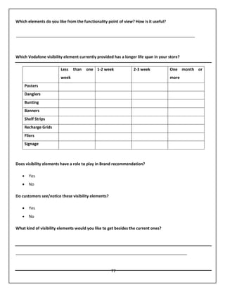 77
Which elements do you like from the functionality point of view? How is it useful?
Which Vodafone visibility element currently provided has a longer life span in your store?
Less than one
week
1-2 week 2-3 week One month or
more
Posters
Danglers
Bunting
Banners
Shelf Strips
Recharge Grids
Fliers
Signage
Does visibility elements have a role to play in Brand recommendation?
 Yes
 No
Do customers see/notice these visibility elements?
 Yes
 No
What kind of visibility elements would you like to get besides the current ones?
______________________________________________________________________________
 
