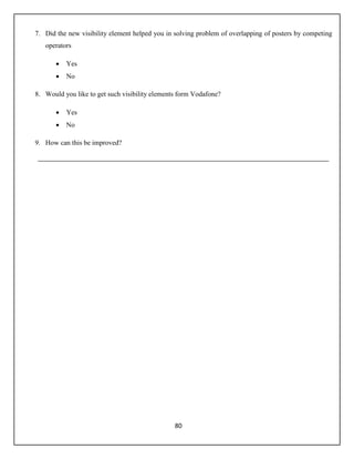 80
7. Did the new visibility element helped you in solving problem of overlapping of posters by competing
operators
 Yes
 No
8. Would you like to get such visibility elements form Vodafone?
 Yes
 No
9. How can this be improved?
 