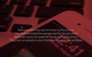 Both users felt they were let down by the process
They both exceeded the average wait for the activation
Both users were not aware of having no mobile service
They had no indication when their new sim would be activated
 