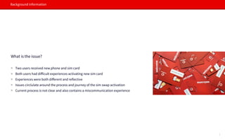 Background information
What is the issue?
Two users received new phone and sim card
Both users had diﬀicult experiences activating new sim card
Experiences were both diﬀerent and reflective
Issues circlulate around the process and journey of the sim swap activation
Current process is not clear and also contains a miscommunication experience
1
 