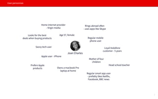 User personnas
Joan Charles
Age 57, female
Savvy tech user
Looks for the best
deals when buying products
Apple user - iPhone
Owns a macbook Pro
laptop at home
Regular smart app user
- prefably likes Netflix,
Facebook, BBC news
Head school teacher
Loyal Vodafone
customer - 5 years
Regular mobile
phone user
Rings abroad often
- uses apps like Skype
Home internet provider
- Virgin media
Mother of four
children
Prefers Apple
products
7
 