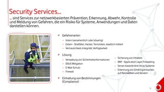 Security Services…
… sind Services zur netzwerkbasierten Prävention, Erkennung, Abwehr, Kontrolle
und Meldung von Gefahren, die ein Risiko für Systeme, Anwendungen und Daten
darstellen können.
Gefahrenarten
– Intern (versehentlich oder bösartig)
– Extern - Straftäter, Hacker, Terroristen, staatlich initiiert
– Vertraulichkeit, Integrität, Verfügbarkeit
Lösung
– Verwaltung von Sicherheitsinformationen
– DDoS Mitigation
– E-Mail-Schutz
– Firewall
Einhaltung von Bestimmungen
(Compliance)
– Sicherung von Inhalten
– WAF - Application Layer Firewalling
– Server-basierte Anti-Virus-Systeme
– Erkennung von Eindringversuchen
auf Netzwerken und Servern
16
 