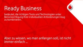 Ready Business
bedeutet, die richtigen Tools und Technologien unter
Berücksichtigung Ihrer individuellen Anforderungen klug
zu kombinieren.
Aber zu wissen, wo man anfangen soll, ist nicht
immer einfach …
 