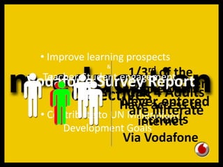 1/3rd of the
Mobile Users
Have access to
internet
Via Vodafone
1 in 3 children
Never entered
schools
Objectives
• Improve learning prospects
&
Teacher-Student engagement
• Contribute to UN Millennium
Development Goals
Vodafone Survey Report
1 in 4 Adults
are illiterate
 
