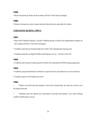 24
1988
• Racal telecomm plc floats on the London and New York stock exchanges.
1989
• Paknet is formed as a joint venture between Racal telecom and cable & wireless.
VODAFONE DURING 1990’S:
1991
• Racal and Vodafone demerge. And the Vodafone group is listed as an independent company on
the London and New York stock exchanges.
• Vodafone and telecom Finland make the world’s first international roaming call.
• Vodafone launches its digital (GSM) mobile phone service – the first in the UK.
1992
• Vodafone and telecom Finland sign the world's first international GSM roaming agreement.
1993
• Vodafone group international is formed to acquire licenses and supervise overseas interests.
• Vodafone opens its first high street store.
1994
• Vodata is the first network operator in the UK to launch data, fax and sms services over
the digital network.
• Vodafone joins the global star consortium to develop and launch a low earth orbiting
satellite mobile phone service.
 