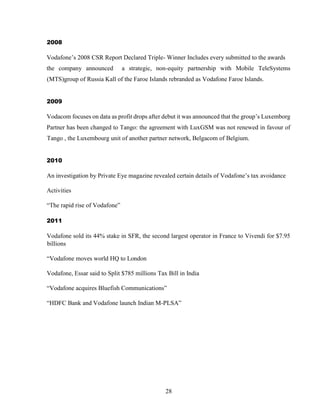 28
2008
Vodafone’s 2008 CSR Report Declared Triple- Winner Includes every submitted to the awards
the company announced a strategic, non-equity partnership with Mobile TeleSystems
(MTS)group of Russia Kall of the Faroe Islands rebranded as Vodafone Faroe Islands.
2009
Vodacom focuses on data as profit drops after debut it was announced that the group’s Luxemborg
Partner has been changed to Tango: the agreement with LuxGSM was not renewed in favour of
Tango , the Luxembourg unit of another partner network, Belgacom of Belgium.
2010
An investigation by Private Eye magazine revealed certain details of Vodafone’s tax avoidance
Activities
“The rapid rise of Vodafone”
2011
Vodafone sold its 44% stake in SFR, the second largest operator in France to Vivendi for $7.95
billions
“Vodafone moves world HQ to London
Vodafone, Essar said to Split $785 millions Tax Bill in India
“Vodafone acquires Bluefish Communications”
“HDFC Bank and Vodafone launch Indian M-PLSA”
 