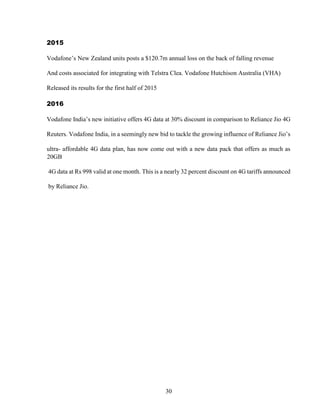 30
2015
Vodafone’s New Zealand units posts a $120.7m annual loss on the back of falling revenue
And costs associated for integrating with Telstra Clea. Vodafone Hutchison Australia (VHA)
Released its results for the first half of 2015
2016
Vodafone India’s new initiative offers 4G data at 30% discount in comparison to Reliance Jio 4G
Reuters. Vodafone India, in a seemingly new bid to tackle the growing influence of Reliance Jio’s
ultra- affordable 4G data plan, has now come out with a new data pack that offers as much as
20GB
4G data at Rs 998 valid at one month. This is a nearly 32 percent discount on 4G tariffs announced
by Reliance Jio.
 