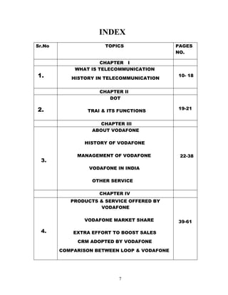 7
INDEX
Sr.No TOPICS PAGES
NO.
CHAPTER I
1.
WHAT IS TELECOMMUNICATION
HISTORY IN TELECOMMUNICATION
10- 18
CHAPTER II
2.
DOT
TRAI & ITS FUNCTIONS
19-21
CHAPTER III
3.
ABOUT VODAFONE
HISTORY OF VODAFONE
MANAGEMENT OF VODAFONE
VODAFONE IN INDIA
OTHER SERVICE
22-38
CHAPTER IV
4.
PRODUCTS & SERVICE OFFERED BY
VODAFONE
VODAFONE MARKET SHARE
EXTRA EFFORT TO BOOST SALES
CRM ADOPTED BY VODAFONE
COMPARISON BETWEEN LOOP & VODAFONE
39-61
 